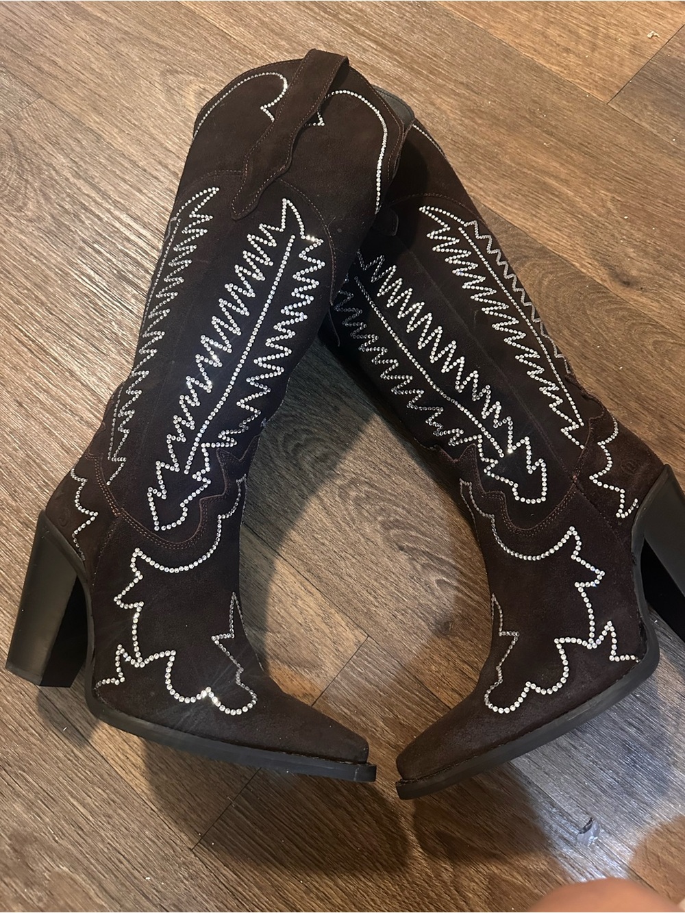 dingo Dark Brown Suede Western Heel Boots with White Stitching